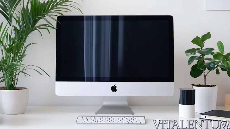 Minimalist desktop workspace pairs iMac with lush greenery.