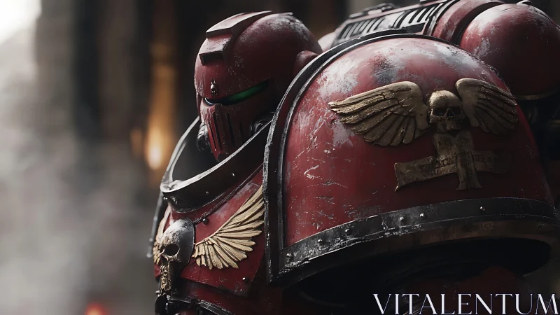 Armored red space soldier stands in dim industrial hall