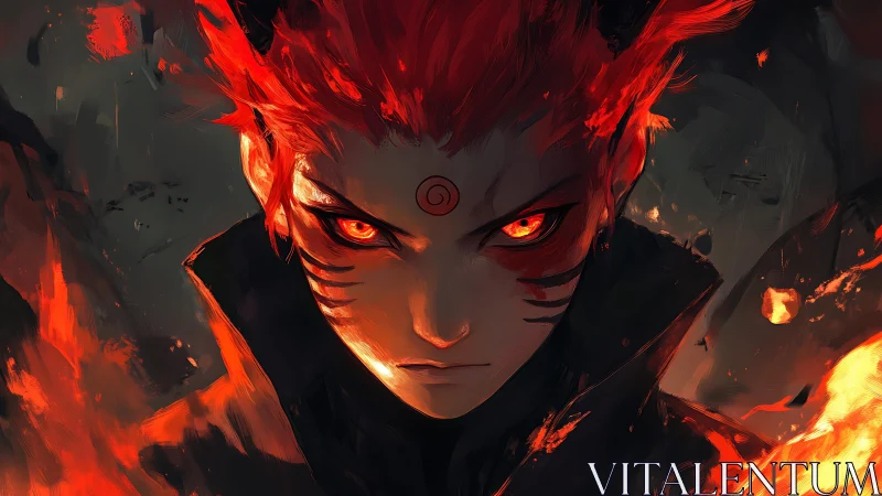 Fiery red-haired figure stares forward amid stylized flames