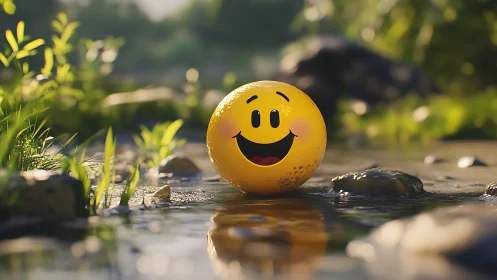 Smiley ball rendered with shallow depth of field in a stream
