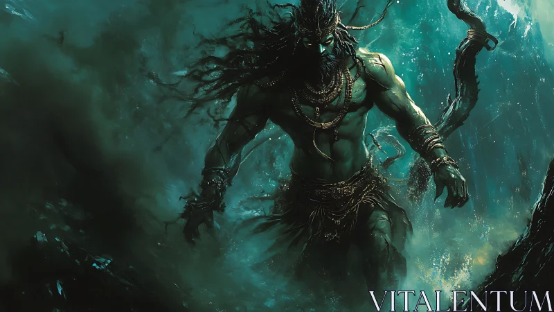 Mythic forest titan emerges through swirling emerald mists.