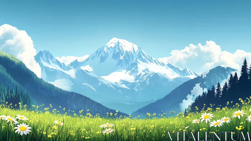 High-altitude alpine meadow with stylized snow-capped mountain range