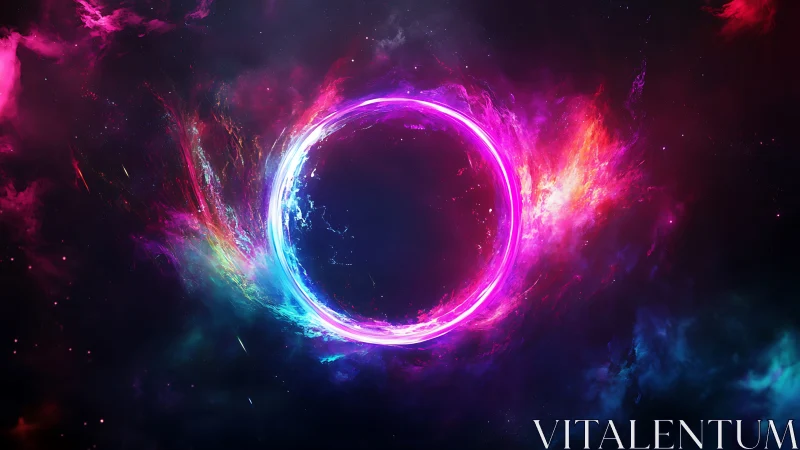 Luminous neon energy ring suspended in cosmic vortex.