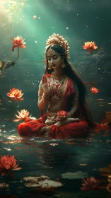 Lotus-crowned goddess gathers liquid starlight in still water