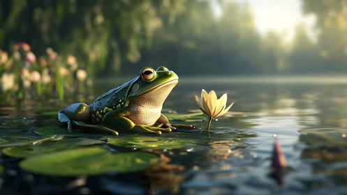 Pond philosopher frog greeting a sunrise lily in hush.