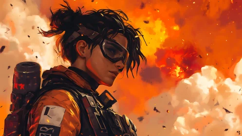 Fearless sci fi pilot watches blazing sky ignite behind