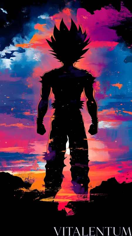 Silhouetted anime warrior against neon abstract sunset sky.