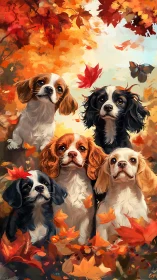 Digital painting of spaniel puppies framed by autumn foliage.