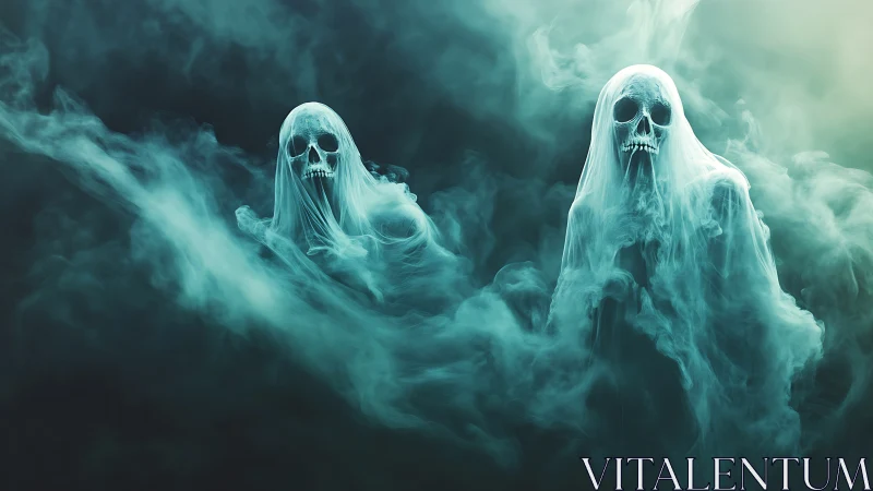Ghostly drifters rising through swirling teal night fog.
