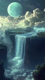 Moonlit vertical waterfall descends from cliff into dense clouds