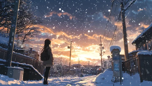 Girl watches winter sunset on snowy suburban street.