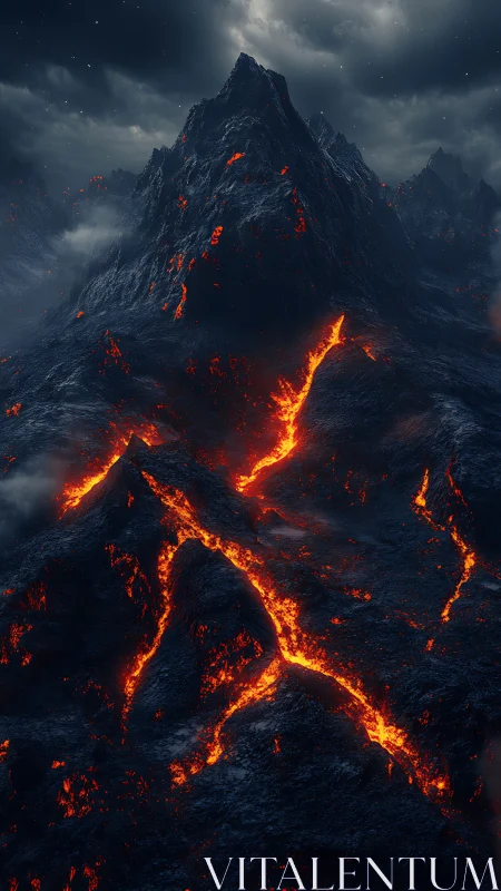Glowing lava rivers winding across a brooding dark volcano.