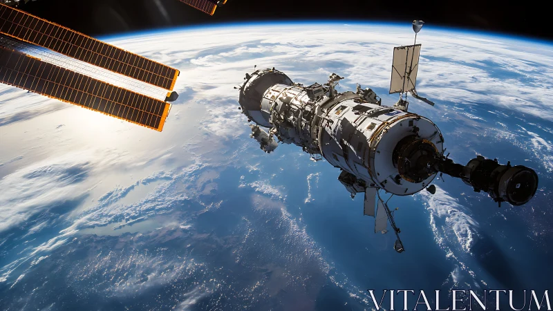 Orbital outpost drifting above a sunlit, cloud-laced Earth.