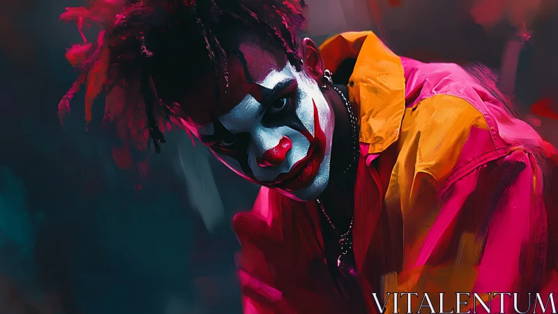 High-contrast neon clown portrait with expressive brushstroke rendering