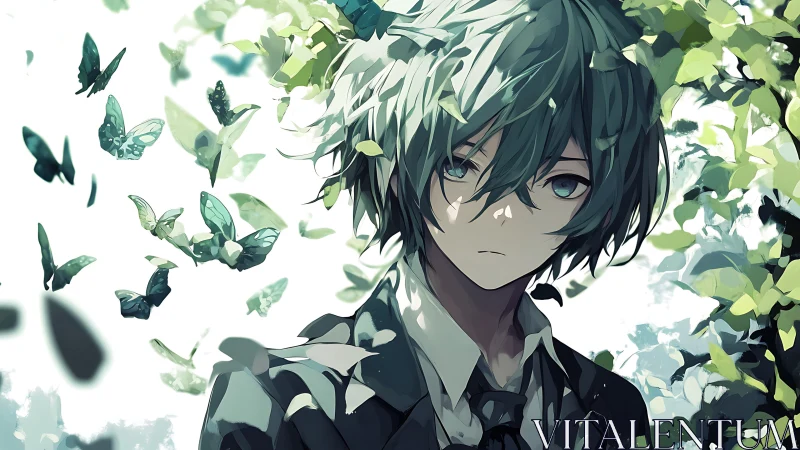 Melancholic anime boy stands amid teal butterflies outdoors