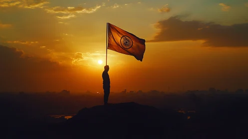 Silhouette with Indian flag against fiery urban sunset sky.