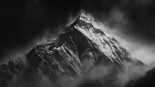 Monochrome alpine summit under nocturnal atmospheric haze.
