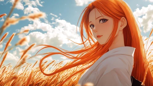 Redheaded anime girl in wheat field under bright sky.