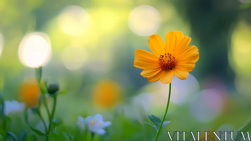 Photorealistic macro of single orange cosmos on bokeh field.