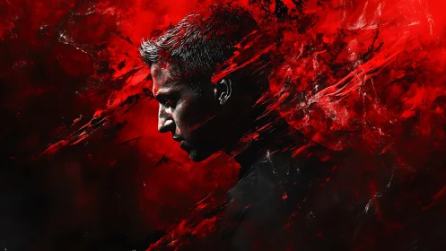 Man in profile against chaotic red abstract background.