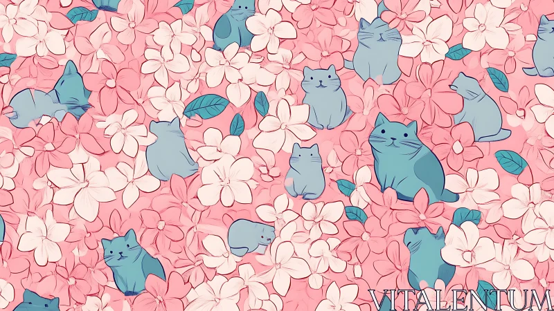 Blue Cats Nestled Among Pink and Cream Florals.