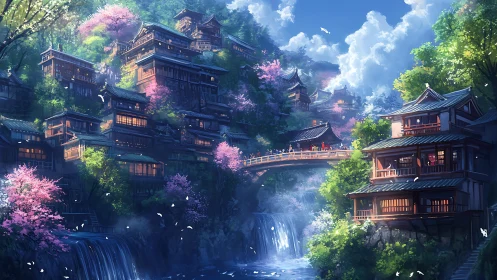 Layered riverside ryokan village glows under diffused spring light