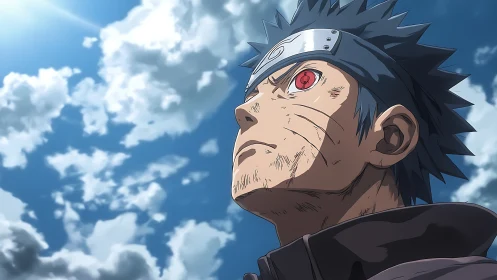 Anime warrior with red eye scarred face under clouded sky.