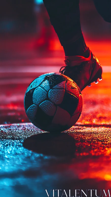 Backlit football on wet pitch under contrasting neon rim light