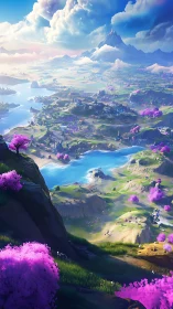 Expansive stylized valley panorama renders luminous spring terrain