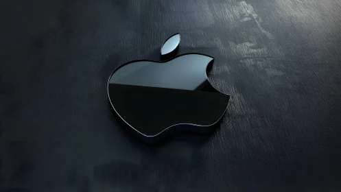 Sleek 3D Black Apple Logo on Textured Metallic Surface.