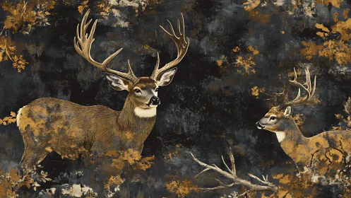 Gentle autumn stags sharing a quiet forest moment together.