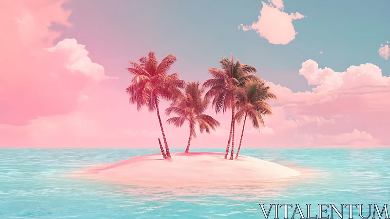 Tropical Island Paradise with Palm Trees Under Dreamy Pink Skies