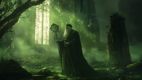 Robe-clad figure with staff in green-lit stone ruins.