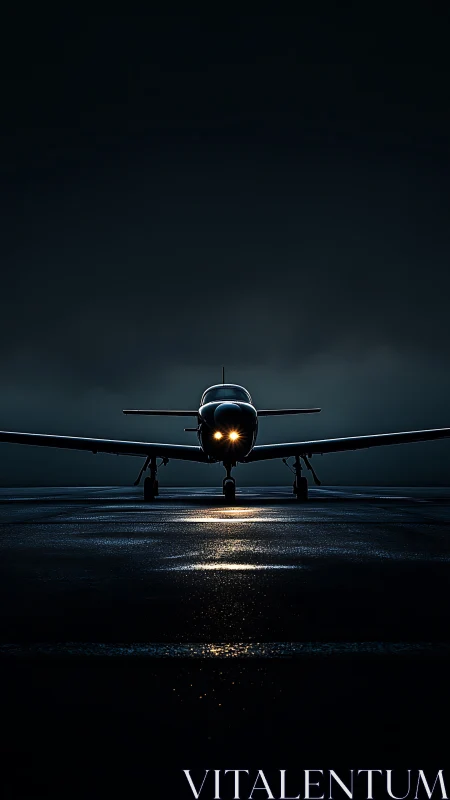 Low-key frontal aircraft portrait with runway specular highlights at night