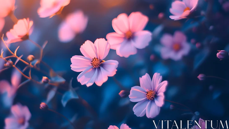 Pink cosmos flowers bloom under twilight skies and warm golden light