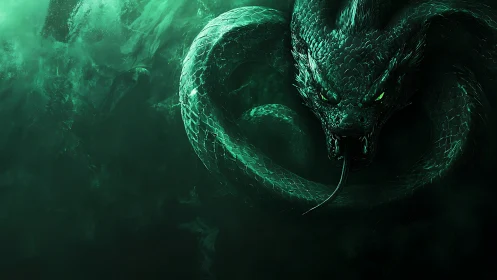 Serpentine dragon head emerging from dark green mist.