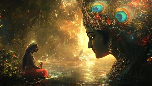 Divine feminine vision in luminous forest river tableau.