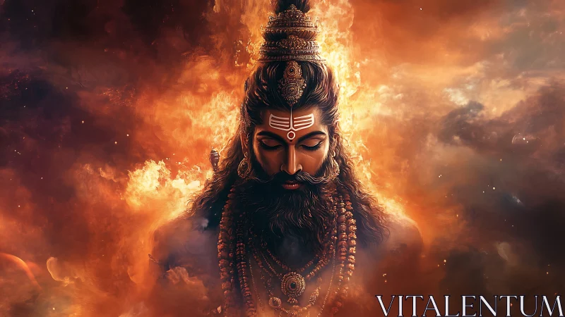 Fiery digital portrait of meditative bearded deity figure.