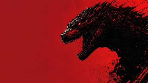 Monochrome red kaiju profile with dynamic inked silhouette