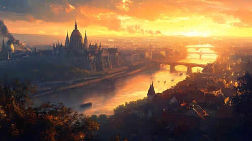 Sunlit riverside city glows beneath a radiant golden sunset