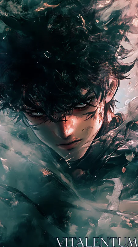 Storm-eyed wanderer emerging from swirling painted shadows.