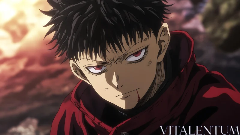 Bloodied stare carves quiet defiance through burning dusk