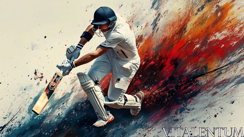 Dynamic cricket batsman amid explosive paint streaks.
