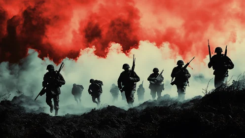 Silhouetted infantry squad advancing through red toxic smoke field