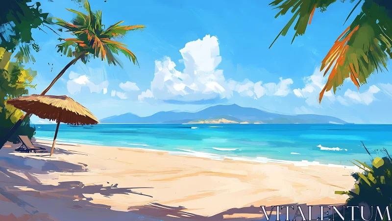Tropical Paradise Beach with Umbrella and Ocean Views.