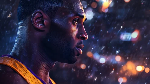 Hyperreal sidelit athlete profile amid kinetic bokeh field.