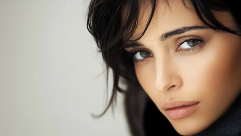 Close-up portrait captures intense gaze and soft contours.