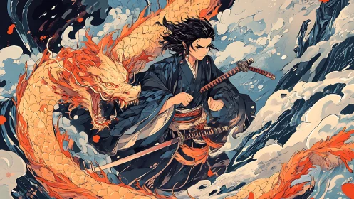 Samurai duelist commanding a fiery dragon stormscape.