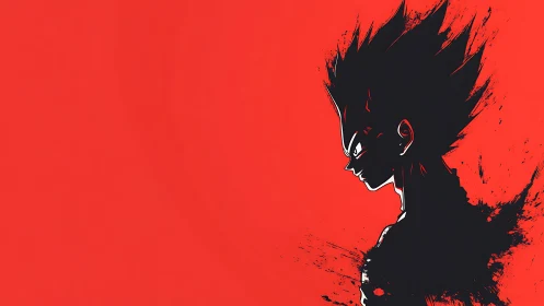 Silhouetted spiky-haired character profile contrasts red field