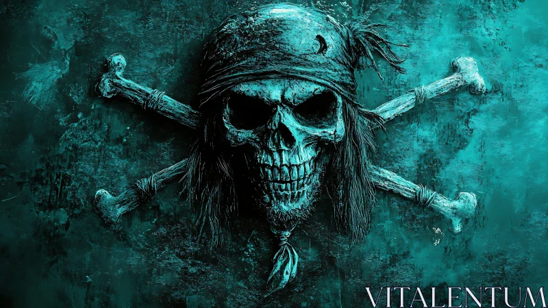 Weathered pirate skull emblem rendered in textured teal chiaroscuro